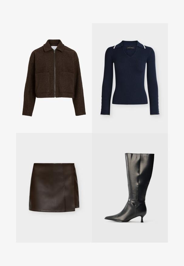Veste courte en laine brun foncé texturée, manches longues, deux poches avant, col et fermeture éclair argentée à l'avant.; Pull côtelé bleu marine à manches longues avec col en V, col pointu, bordure blanche sur le col et les poignets, et boutons sur les manches.; Mini-jupe en similicuir marron foncé avec une coupe droite et des détails subtils de couture sur un fond clair uni.; Botte en cuir noire montant jusqu'au genou, avec un bout pointu et un petit talon bas, présentée sur un fond clair uni.