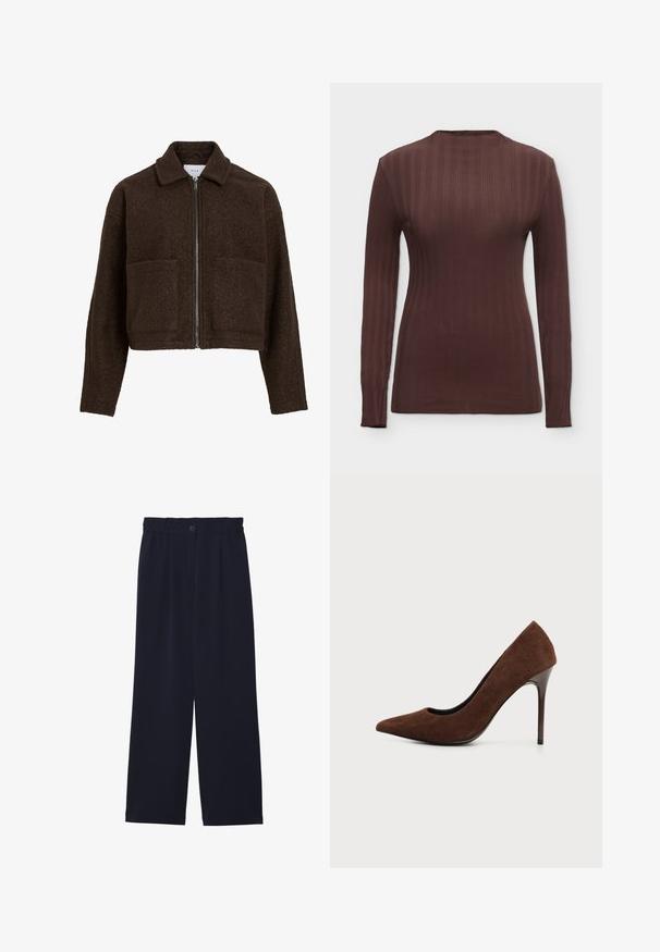 Veste courte en laine brun foncé texturée, manches longues, deux poches avant, col et fermeture éclair argentée à l'avant.; Haut marron à manches longues en maille côtelée avec un col rond et une silhouette ajustée, présenté sur fond blanc.; Pantalons large bleu marine avec une texture lisse, taille élastique, pli avant unique et fermeture à bouton à la taille.; Escarpin en daim marron à talon haut et bout pointu avec un talon aiguille étroit et élégant sur un fond clair uni.