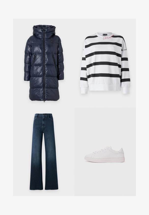 Dunkelblauer Daunenjacke mit Kapuze, ausgestattet mit einem Reißverschluss vorne, zwei Seitentaschen und einem gesteppten Design. Leicht und glänzende Oberfläche.; Gestreifter Pullover mit weißen und schwarzen horizontalen Streifen, Rundhalsausschnitt, lockerem Schnitt und weicher Textur. Mit rotem Logo auf der Schulter.; Weite dunkelblaue Jeans aus Denim. Sie verfügen über eine hohe Taille, Fronttaschen, einen Knopfverschluss und minimale Nähte.; Weißer Sneaker mit einem oberen Teil aus glattem Leder, runder Zehenpartie und flacher Gummisohle. Verfügt über eine Schnürung und ein dezentes Logo an der Seite.