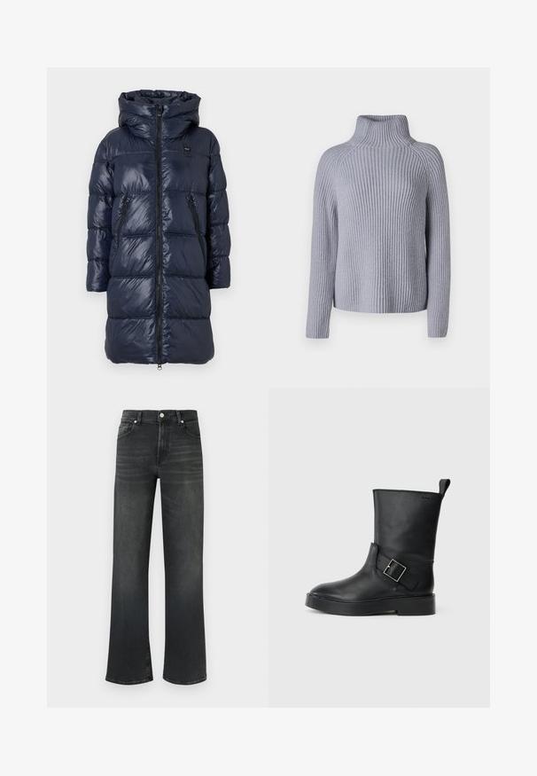 Dunkelblauer Daunenjacke mit Kapuze, ausgestattet mit einem Reißverschluss vorne, zwei Seitentaschen und einem gesteppten Design. Leicht und glänzende Oberfläche.; Hellgrauer gerippter Strickpullover mit hohem Kragen, langen Ärmeln und lockerer Passform, featuring einem strukturierten Muster und gerader Saum.; Schwarze Jeans aus Denim mit hoher Taille und weitem Bein. Verfügt über fünf Taschen und einen Knopfverschluss sowie dezente Verwaschungen im Stoff.; Schwarze Lederstiefelette mit runder Zehenform, flacher Sohle und einem silbernen Schnallenakzent an der Seite. Verfügt über eine Zuglasche an der Rückseite.