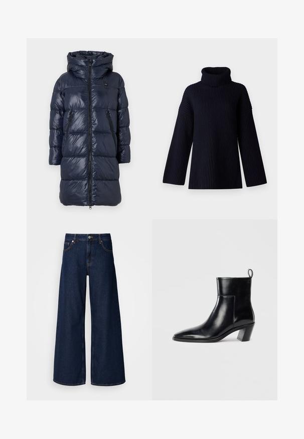 Marineblå dunjakke med hætte, med lynlås fortil, to sidelommer og et kviltet design. Letvægts, blank finish.; Marineblå turtleneck sweater med ribbet tekstur, brede ærmer og en afslappet pasform. Blødt materiale og minimalistisk design.; Bredde ben mørkeblå denimbukser med høj talje, frontlommer og knaplukning. Har kontrastsyninger og en glat tekstur.; Sort læder ankelstøvle med spids tå, geometrisk stablet hæl og en løftestrop bagpå. Glat tekstur og slankt design.