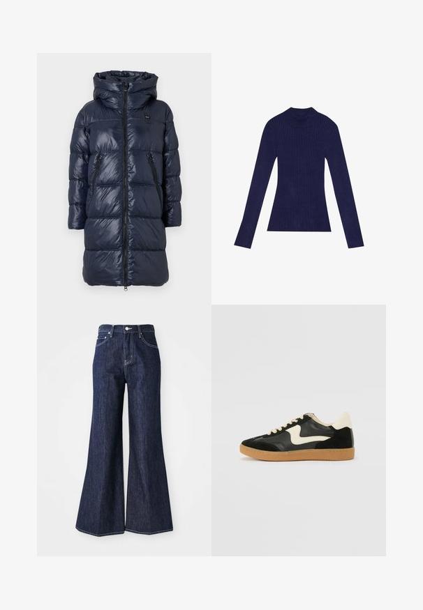 Dunkelblauer Daunenjacke mit Kapuze, ausgestattet mit einem Reißverschluss vorne, zwei Seitentaschen und einem gesteppten Design. Leicht und glänzende Oberfläche.; Marineblauer Ripp-Turtleneck-Pullover mit langen Ärmeln. Besitzt ein figurnahes Design und eine weiche Textur. Hergestellt aus elastischem Material.; Dunkelblaue ausgestellte Jeans mit hoher Taille, die eine Knopf- und Reißverschlussöffnung haben. Weiße Nähte und weite Beine schaffen eine strukturierte Silhouette.; Schwarze Wildleder- und Leder-Sneaker mit einem cremefarbenen Seiten-Swoosh und einer hellcremefarbenen Ferse. Ausgestattet mit beige Schnürsenkeln und einer Gummilaufsohle.