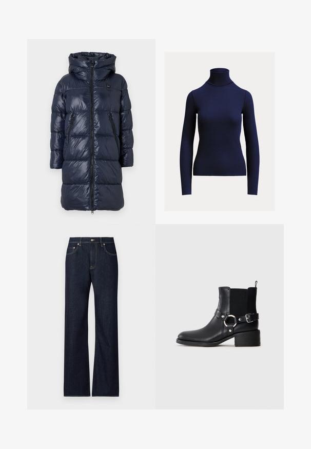 Dunkelblauer Daunenjacke mit Kapuze, ausgestattet mit einem Reißverschluss vorne, zwei Seitentaschen und einem gesteppten Design. Leicht und glänzende Oberfläche.; Marineblauer, gerippter Langarm-Rollkragenpullover mit figurbetonter Silhouette auf schlichtem, hellem Hintergrund.; Dunkelblaue Denim-Jeans mit geradem Bein, ausgestattet mit fünf Taschen, kontrastierendem gelbem Nähgarn und einem Metallknopfverschluss.; Schwarze Leder-Ankle Boots mit seitlicher Schnalle und Ringdetail, elastischem Seitenpanel, niedrigem Blockabsatz und Zugschlaufe auf einfarbigem Hintergrund.