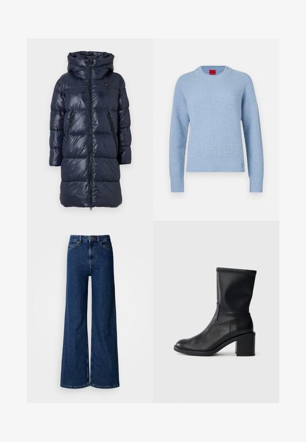 Dunkelblauer Daunenjacke mit Kapuze, ausgestattet mit einem Reißverschluss vorne, zwei Seitentaschen und einem gesteppten Design. Leicht und glänzende Oberfläche.; Hellblauer Strickpullover mit geripptem Muster, rundem Ausschnitt und gewebtem Akzent an der Taille. Lange Ärmel mit eng anliegenden Bündchen.; Weit geschnittene Jeans in dunkler Waschung aus Denim, mit hoher Taille, klassischem Fünf-Taschen-Design und dezenten Steppnähten entlang der Nähte.; Schwarze Leder-Ankle Boots mit runder Zehenform, glatter Oberfläche und dicker Absatz, ausgestattet mit einem eng anliegenden Schaft und subtilen Nähten.