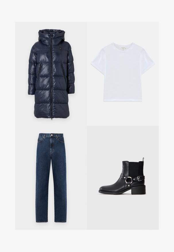Marineblå dunjakke med hætte, med lynlås fortil, to sidelommer og et kviltet design. Letvægts, blank finish.; Hvid cropped t-shirt lavet af blødt bomuld, med rund hals og korte ærmer og en let løs pasform. Ingen mønstre eller accenter.; Mørkeblå denimjeans med et lige ben design, høj talje og frontknaplukning. Har subtil kontrastsyning og klassisk femlomme stil.; Sort læder ankelstøvle med sidespænde og ringdetalje, elastisk sideskærm, lav blokhæl og trækstrop på neutral baggrund.