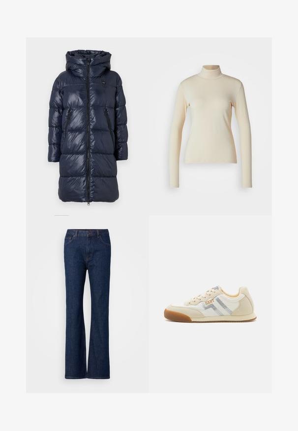Marineblå dunjakke med hætte, med lynlås fortil, to sidelommer og et kviltet design. Letvægts, blank finish.; Cremefarvet langærmet turtleneck top lavet af glat, strækbart stof; tætsiddende design med høj hals og ingen synlige mønstre eller detaljer.; Sprøde blå denim jeans med høj talje, der har en glat overflade, metalknaplukning og fem-pockets design.; Beige sportssko med et overdel i ruskind og syntetisk materiale, der har tre sølvstriber og et orange logo. Gummisål med tekstureret greb.