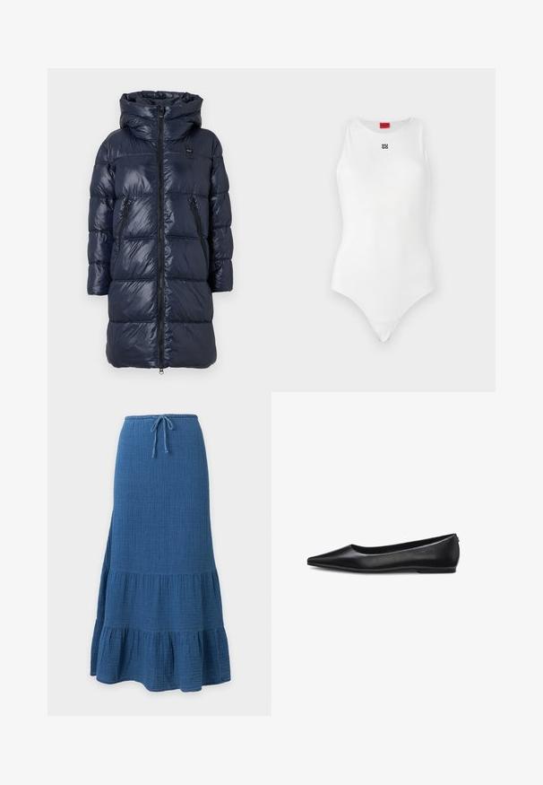 Tummansininen puhvijope, jossa on huppu, vetoketju edessä, kaksi sivutaskua ja tikattu muotoilu. Kevyt, kiiltävä pinta.; Valkoinen bodysuit, jossa on olkaimeton muotoilu, pyöreä pääntie ja minimaalinen musta "HUGO" -logo edessä. Sujuva pinta ja tiukka muoto.; Sininen pitkä hame, jossa kerroksittainen röyhelöhelma ja kiristysnyörivyötärö, valmistettu teksturoidusta kankaasta.; Musta nahkainen kärjestä kapeneva matala korkoinen tasainen kenkä, kuvattu sivulta valkoisella taustalla.