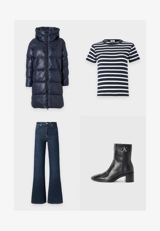Dunkelblauer Daunenjacke mit Kapuze, ausgestattet mit einem Reißverschluss vorne, zwei Seitentaschen und einem gesteppten Design. Leicht und glänzende Oberfläche.; Marineblaue und weiße gestreifte T-Shirt aus Rippstoff, mit rundem Halsausschnitt und kurzen Ärmeln. Das Design betont die horizontalen Linien.; Dunkelblaue, ausgestellte Jeans aus Denim mit hoher Taille, ausgestattet mit einem klassischen Fünf-Taschen-Design und einem Ein-Knopf-Verschluss.; Schwarze Leder-Ankle Boots mit spitzem Zehenbereich, Blockabsatz und einem Riemen mit einem metallischen Logodetail. Glatte Textur und minimales Design.