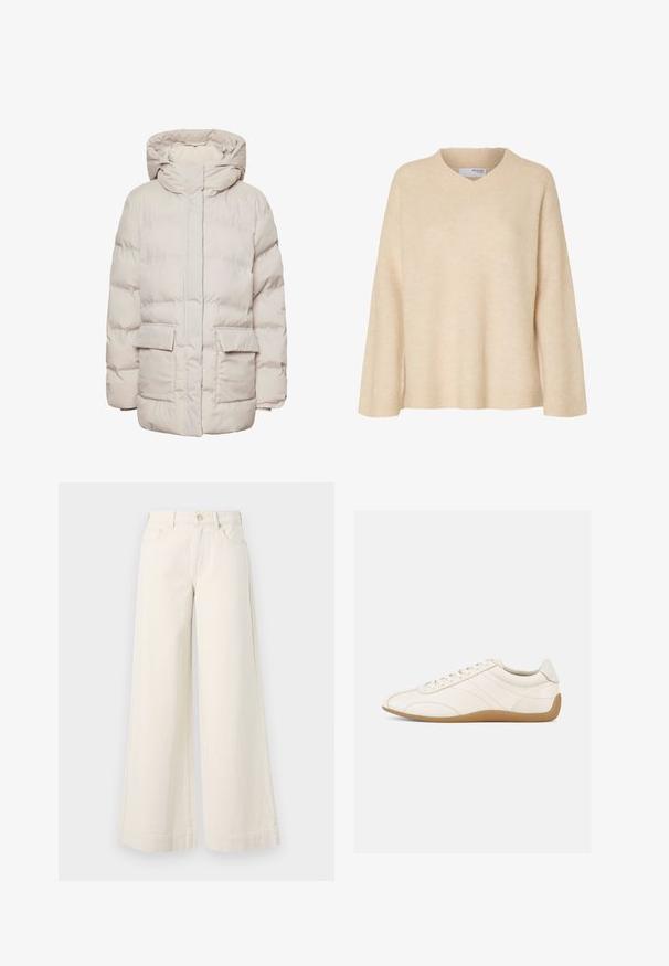 Pieces Puffer PCNORMA - Wintermantel - silver gray; Beige trui met lange mouwen, V-hals en geribde kraag, gemaakt van zachte gebreide stof, ontworpen voor vrouwen.; Wijdvallende, lichtbeige denim broek met een hoge taille, twee voorzakken, knoopsluiting en subtiele stikseldetails.; Witte leren sneaker met een gladde textuur, ronde neus en tonale stiksels. Voorzien van een tankleurige rubberen zool en vetersluiting.