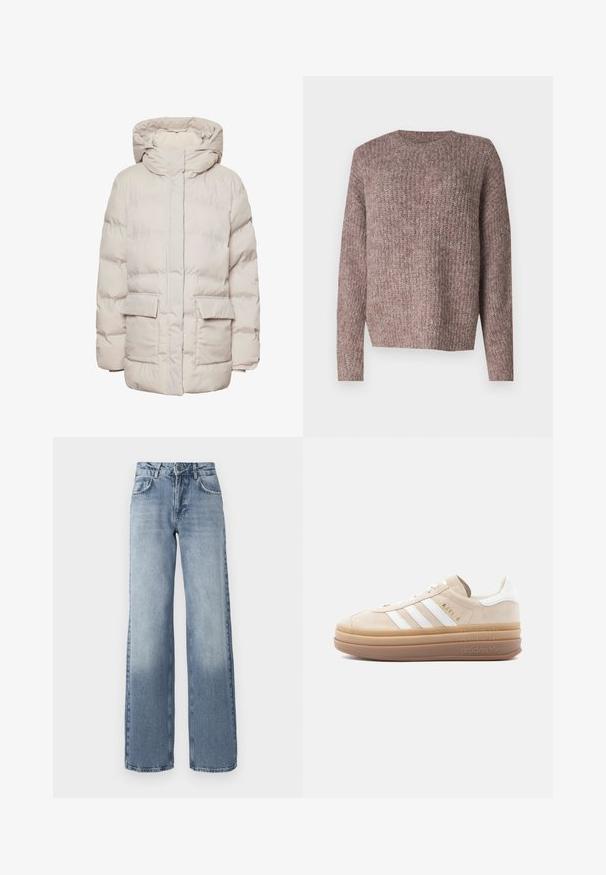 Pieces Puffer PCNORMA - Wintermantel - silver gray; Bruine, ribgebreide trui met lange mouwen en een ronde hals. Relaxte pasvorm en zachte textuur, geschikt voor casual draagstijl.; Brede lichtblauwe denim jeans met een lichte wassing, ritssluiting, vijf-pocket ontwerp en subtiele vervaging bij de enkels.; Beige suède sneaker met witte leren accenten, voorzien van drie witte strepen, een gouden logo en een dikke, doorschijnende rubberen zool.