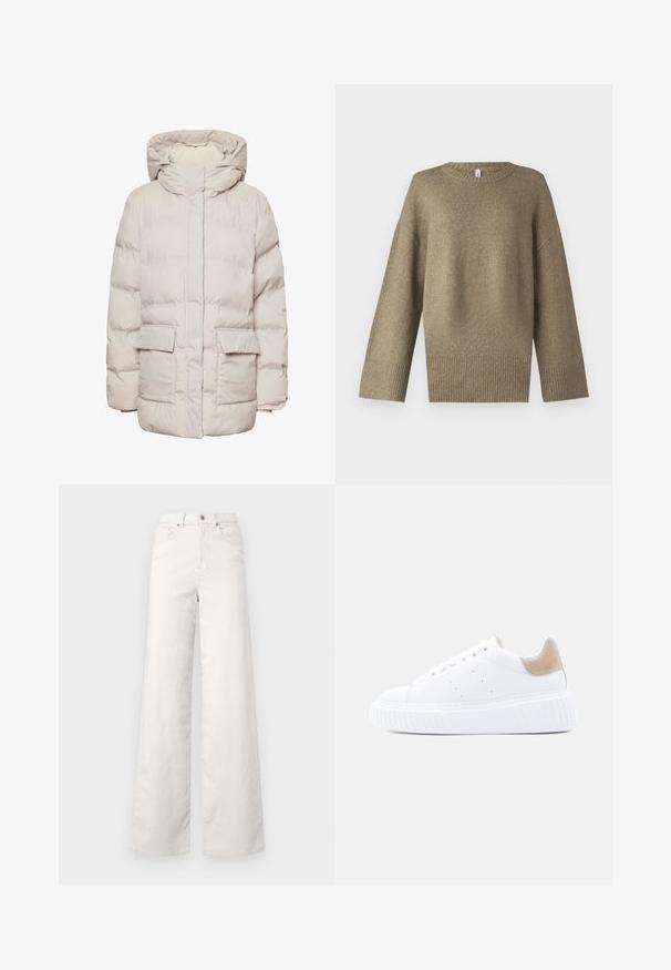 Pieces Puffer PCNORMA - Wintermantel - silver gray; Olijfgroen gebreid trui met een ronde halslijn, verlaagde schouders en geribbelde manchetten. De stof lijkt zacht met subtiele textuurdetails.; ONLY Tall ONLHOPE GLOBAL HIGH WAIST WIDE - Broek - pumice stone; Witte leren sneaker met dikke zool en beige suède hielstuk, zijaanzicht tegen een lichte effen achtergrond.