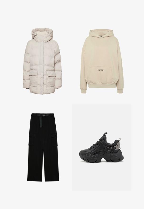 Pieces Puffer PCNORMA - Wintermantel - silver gray; Beige hoodie met een voorzak, geribbelde boorden en een capuchon met trekkoord. "PECADOR PGDR" tekst gedrukt op het zakgebied.; Zwarte cargobroek met een wijd gesneden ontwerp, elastische tailleband met een riem, en twee grote zijzakken voor opslag.; Zwarte sneaker met een leren bovenkant met textuur, stevige rubberen zool, vetersluiting en een metalen accent op de hiel. Inclusief moderne designelementen.