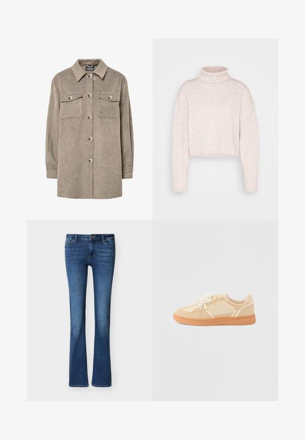 Fleece-skjortejakke i lys brun med knaplukning foran, to brystlommer og klassisk krave. Blød tekstur, lange ærmer og lige kant.; Lys rosa ribbet turtleneck sweater, cropped længde, med lange ærmer og en blød tekstur. Minimalistisk design uden synligt hardware.; Blå denim bootcut-jeans med forlommer, bæltestropper og knaplukning, vist mod en ensfarvet hvid baggrund.; Beige lavtop sneaker med snøre og sløjfe pyntet med perler på snørene, overdel i ruskind og stof samt lys brun gummisål.