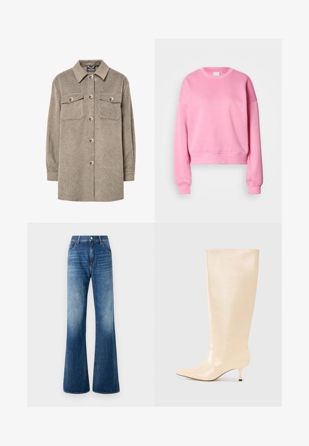 Fleece-Hemdjacke in Hellbraun mit Knopfleiste, zwei Brusttaschen und klassischem Kragen. Weiche Textur, lange Ärmel und gerader Saum.; Rosa cropped Sweatshirt mit rundem Ausschnitt, überschnittenen Schultern und gerippten Bündchen. Der Stoff wirkt weich mit einer glatten Textur.; Ausgestellte blaue Jeans aus Denim mit ausgewaschenem Look, fünf Taschen, Gürtelschlaufen und Knopfverschluss vorne. Glatte Textur und klassischer Schnitt.; Knöchelhoher, beiger Lederstiefel mit glatter, eleganter Oberfläche, spitzer Zehenform und einem niedrigen, schlanken Absatz. Verfügt über ein minimalistisches Design und keine sichtbaren Akzente.