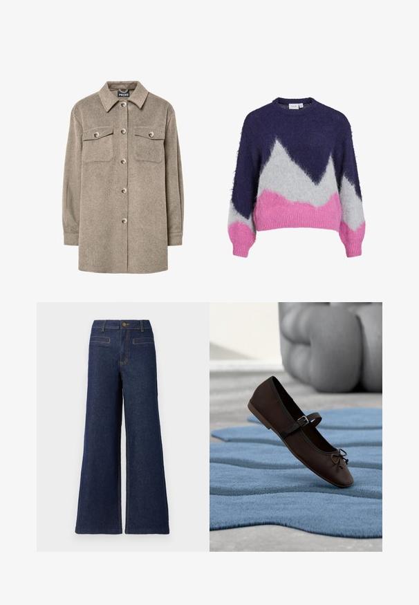Fleece-Hemdjacke in Hellbraun mit Knopfleiste, zwei Brusttaschen und klassischem Kragen. Weiche Textur, lange Ärmel und gerader Saum.; Gestrickter Pullover in Marineblau, Grau und Pink mit einem geometrischen Bergmuster. Verfügt über einen runden Ausschnitt und lange, leicht gepuffte Ärmel.; Verkürzte Jeanshose mit weitem Bein in Dunkelblau, mit hoher Taille, Knopfverschluss und kontrastierenden orangen Nähten. Zwei sichtbare Gesäßtaschen.; Dunkelbrauner Mary-Jane-Flachschuh mit Schnalle und Schleifendetail, der auf einem welligen, blauen strukturierten Teppich liegt, im Hintergrund ein graues Polstersofa.