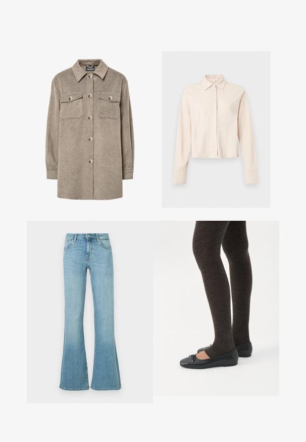 Fleece-skjortejakke i lys brun med knaplukning foran, to brystlommer og klassisk krave. Blød tekstur, lange ærmer og lige kant.; Beige langærmet skjorte med knapper, spids krave og manchetter, vist på en neutral baggrund.; Lyseblå denimjeans med høj talje, knap- og lynlåslukning foran, lommer foran og bagpå samt vidde i benene.; Ben iført mørke ribbede leggings kombineret med sorte balletsko med små sløjfedetaljer på hvid baggrund.