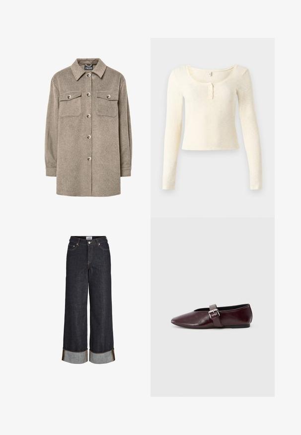 Fleece-skjortejakke i lys brun med knaplukning foran, to brystlommer og klassisk krave. Blød tekstur, lange ærmer og lige kant.; Langærmet, ribstrikket top i lysecreme; har en rund halsudskæring og en knapstolpe med tre knapper. Blød tekstur og tæt pasform.; Mørkeblå jeans med brede ben og opbuk ved kanterne, fem lommer og kontrastfuld gul syning.; Bordeaux læder ballerina sko med spidse tæer, flad sål og en dekorativ spænde-strop over vristen. Glat, blank tekstur.