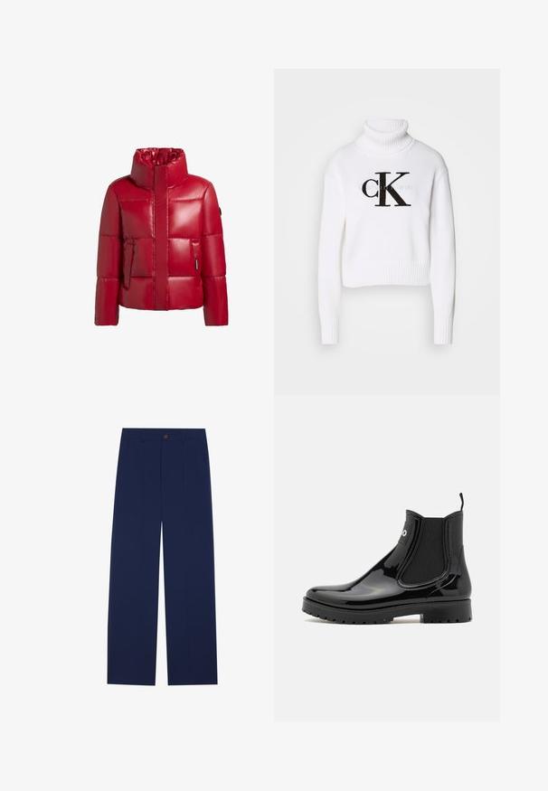 Rode pufferjack met een hoge kraag, glanzende afwerking, gewatteerd ontwerp en een ritssluiting aan de voorkant. Heeft een zak aan de linkerzijde met een klein logopatch.; Witte coltrui van gebreide stof. Heeft een cropped ontwerp, ribbelmanchetten en -zoom, met een zwart "CK" logo aan de voorkant.; Marineblauwe wijde broek gemaakt van gladde stof, met voorzakken, een knoopsluiting en een tailormade ontwerp met plooien.; HUGO TABITA - Regenlaarzen - black