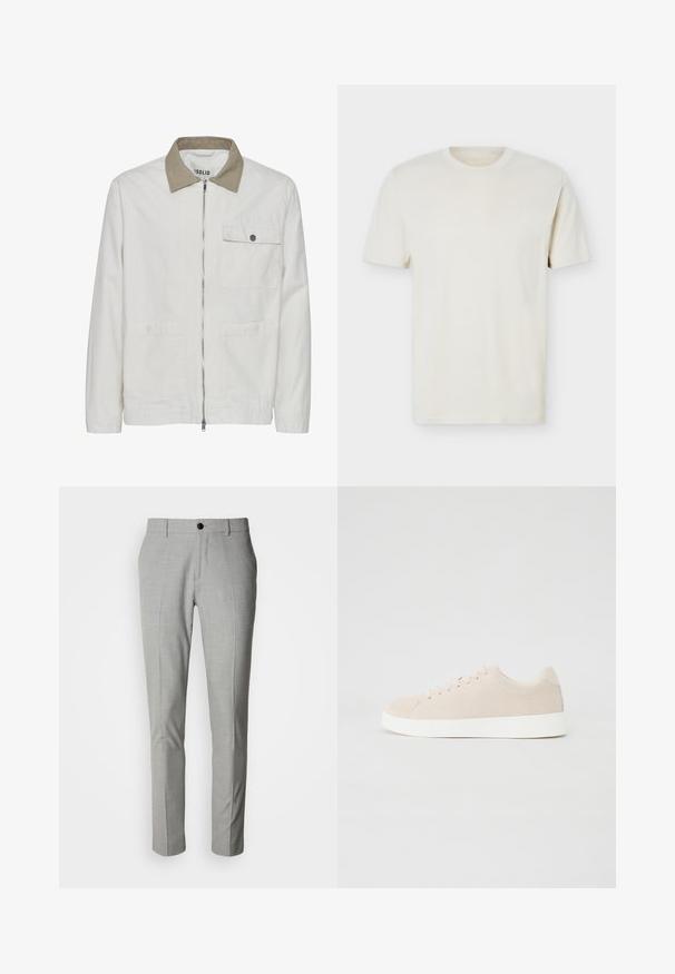 Veste beige clair avec un col tan contrastant. Elle comporte une fermeture éclair à l'avant, deux poches avant et un tissu lisse et texturé.; T-shirt à manches courtes couleur blanc cassé uni avec col rond et logo discret sur le côté gauche de la poitrine, présenté sur un fond blanc uni.; Pantalon gris clair en tissu texturé, avec une taille plate, deux poches latérales et une fermeture à bouton unique. Coupe ajustée.; Baskets en daim beige avec semelles en caoutchouc blanc, bout rond et six œillets pour les lacets. Texture lisse avec un design minimaliste.