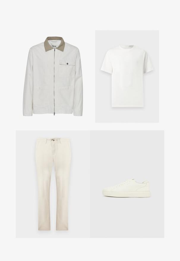 Veste beige clair avec un col tan contrastant. Elle comporte une fermeture éclair à l'avant, deux poches avant et un tissu lisse et texturé.; T-shirt blanc uni à manches courtes et col rond présenté sur un fond gris clair.; Pantalon beige décontracté avec poches avant, fermeture éclair et taille à cordon, coupe droite, présenté sur un fond uni.; Baskets basses blanches avec laçage à l'avant, dessus en cuir lisse et semelle épaisse en caoutchouc, vues de côté extérieur sur un fond uni.