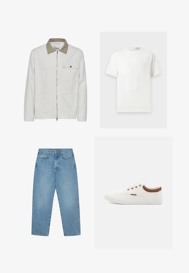 Veste beige clair avec un col tan contrastant. Elle comporte une fermeture éclair à l'avant, deux poches avant et un tissu lisse et texturé.; T-shirt blanc uni à manches courtes et col rond présenté sur un fond gris clair.; Jean en denim bleu clair avec une coupe droite, design cinq poches et une texture légèrement délavée. Dispose d'une fermeture à bouton et à glissière.; Baskets en toile blanches avec une texture lisse, des accents en cuir marron au talon et cinq œillets en métal pour les lacets. Elles disposent d'une semelle plate en caoutchouc.