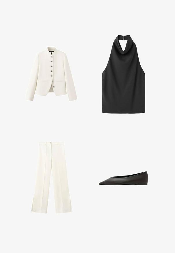 Veste blanche cintrée avec col montant, manches longues, deux poches avant et six boutons ronds argentés sur le devant.; Haut noir sans manches à col montant avec fermeture par bouton au dos, tissu lisse et coupe ample.; Pantalon blanc taille haute à jambes larges avec un bouton à l'avant, des passants pour ceinture, et des coutures latérales s'étendant jusqu'à de petites fentes à l'ourlet.; Chaussure plate noire à bout pointu avec un talon bas et une tige en cuir lisse, présentée de profil sur un fond blanc.