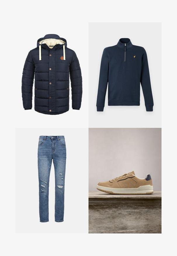 Veste matelassée bleu marine avec capuche, accents crème, boutons-pression, et doublure intérieure en polaire. Design rembourré avec poches latérales.; Pull-over bleu marine à manches longues avec fermeture à glissière quart, petit logo d'oiseau jaune sur la poitrine gauche, poignets et ourlet côtelés.; Jean en denim bleu à coupe droite, avec des patchs déchirés, cinq poches et une fermeture à bouton. Design classique taille moyenne.; Baskets en suède beige avec semelle en caoutchouc blanc, dotées de lacets beiges, d'accents bleu marine et de détails perforés sur la boîte à orteils.