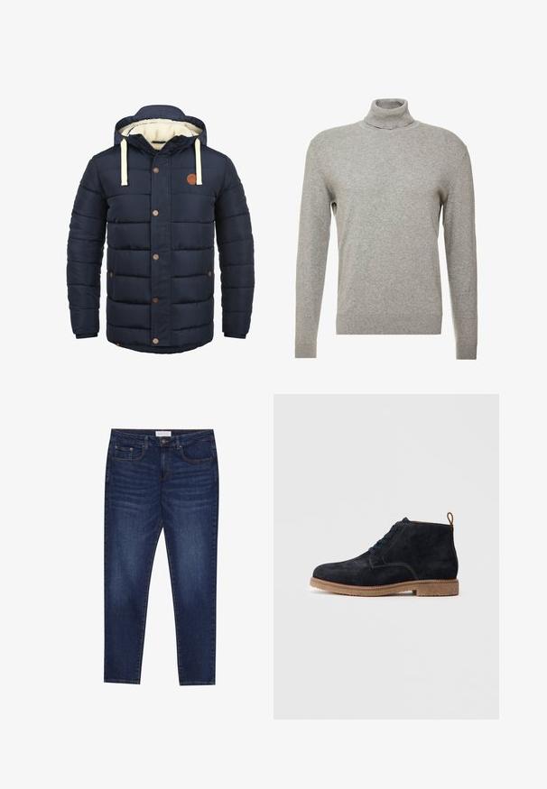 Donkerblauw geïsoleerd jack met capuchon, voorzien van crèmekleurige accenten, drukknopen en een zachte fleece voering. Gewatteerd ontwerp met zijzakken.; Grijze pullover trui met een hoge hals en lange mouwen. Gemaakt van een gladde, zachte stof met een nauwsluitend ontwerp en geribbelde accenten aan de zoom.; Donkerblauwe slim-fit jeans met vijf zakken, knoopsluiting en contrasterende stiksels, gelabeld Pier One op de tailleband.; Suède enkellaarsjes in donkerblauw met een ronde neus, vetersluiting en een bruine rubberen zool. Kenmerkt zich door een gestikt ontwerp en een achterkant met een trekhaak.