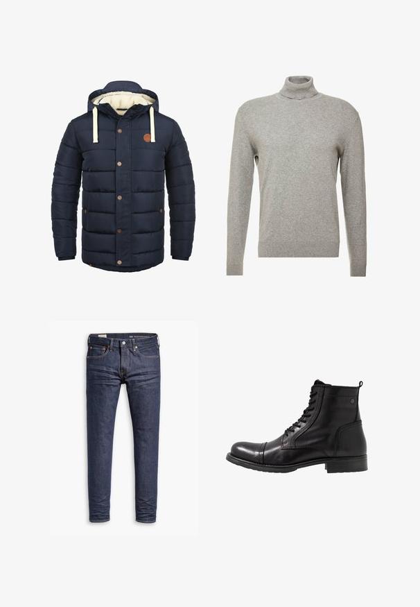 Donkerblauw geïsoleerd jack met capuchon, voorzien van crèmekleurige accenten, drukknopen en een zachte fleece voering. Gewatteerd ontwerp met zijzakken.; Grijze pullover trui met een hoge hals en lange mouwen. Gemaakt van een gladde, zachte stof met een nauwsluitend ontwerp en geribbelde accenten aan de zoom.; Donkerblauwe slim-fit Levi's Performance spijkerbroek met vijf zakken en zichtbare stiksels op een witte achtergrond.; Zwarte leren enkelboots met een ronde neus, vetersluiting aan de voorkant, gestructureerde accenten en een lage, stevige hak.
