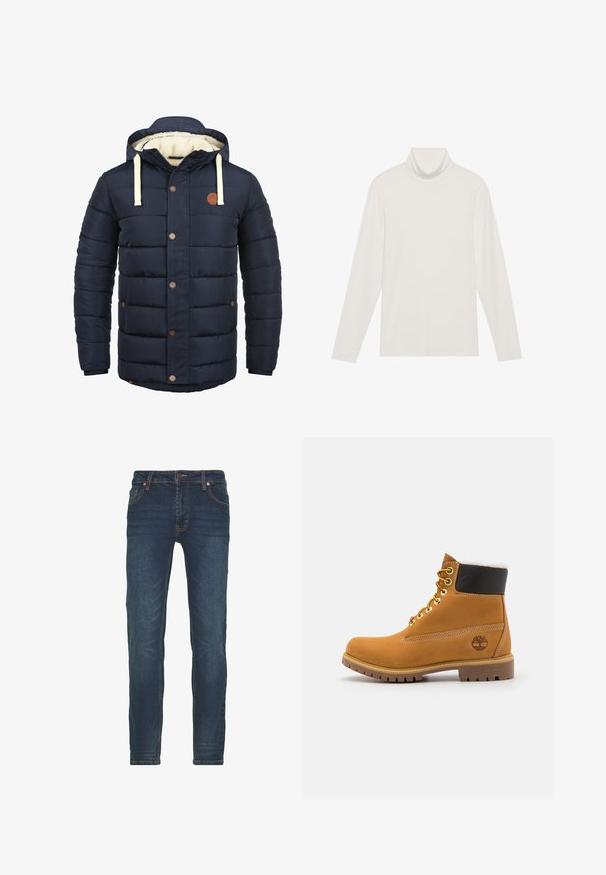 Donkerblauw geïsoleerd jack met capuchon, voorzien van crèmekleurige accenten, drukknopen en een zachte fleece voering. Gewatteerd ontwerp met zijzakken.; Langsleeve turtleneck top in het wit. Zacht, rekbaar materiaal met een aansluitende pasvorm. Heeft een hoge hals en minimale naaddetails.; Donkerblauwe denim jeans met een slim fit. Voorzien van vijf zakken, contrasterende stitching en lichte vervaging op de benen. Klassieke knoopsluiting.; Bruine leren enkellaars met metalen oogjes, witte faux bont voering, zwarte gewatteerde kraag, robuuste zool en een reliëflogo aan de zijkant.