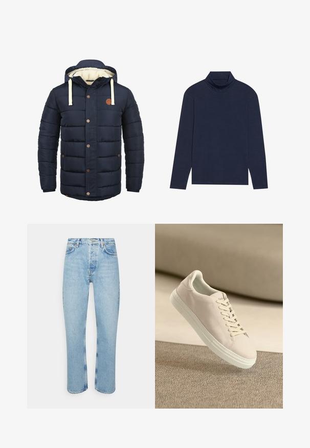 Veste matelassée bleu marine avec capuche, accents crème, boutons-pression, et doublure intérieure en polaire. Design rembourré avec poches latérales.; Haut à col roulé à manches longues de couleur marine, fabriqué en tissu doux et extensible avec un design ajusté, présentant un col haut et sans motifs ni éléments matériels visibles.; Jean en denim bleu clair avec une coupe droite, taille haute, design à cinq poches et détails de couture visibles sur les coutures et les ourlets.; Baskets en suède beige avec semelle et lacets blancs, présentées en suspension au-dessus d'un tapis beige texturé sur fond beige doux.