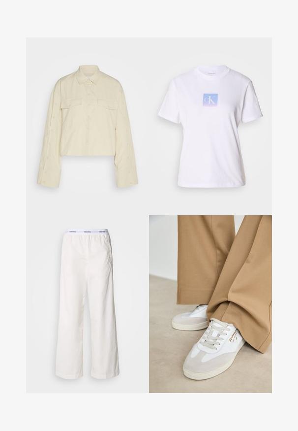Chemise de couleur crème, en tissu léger, coupée. Elle présente un col pointu, deux poches poitrine et des détails de bouton le long des bords des manches.; T-shirt en coton blanc avec un graphique carré pastel bleu et lavande portant les lettres "cK" centrées sur le devant. Manches courtes, col rond.; Pantalons larges blancs avec une taille élastique arborant un logo Calvin Klein en contraste. Fabriqués à partir d'un tissu lisse, ils offrent une coupe décontractée.; Baskets blanches avec des accents en daim, des lacets texturés et une semelle en caoutchouc. Associées à un pantalon beige ample. Logo affiché sur le côté.