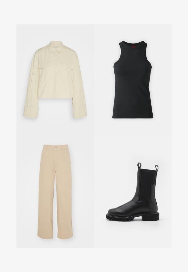 Chemise de couleur crème, en tissu léger, coupée. Elle présente un col pointu, deux poches poitrine et des détails de bouton le long des bords des manches.; Débardeur sans manches noir en tissu extensible. Présente un col rond et une silhouette ajustée avec des détails de couture minimaux.; Pantalons larges beiges en coton. Présente deux grandes poches avant et une fermeture à bouton en métal à la taille. Texture lisse.; AllSaints HALLIE - Bottines à plateau - black