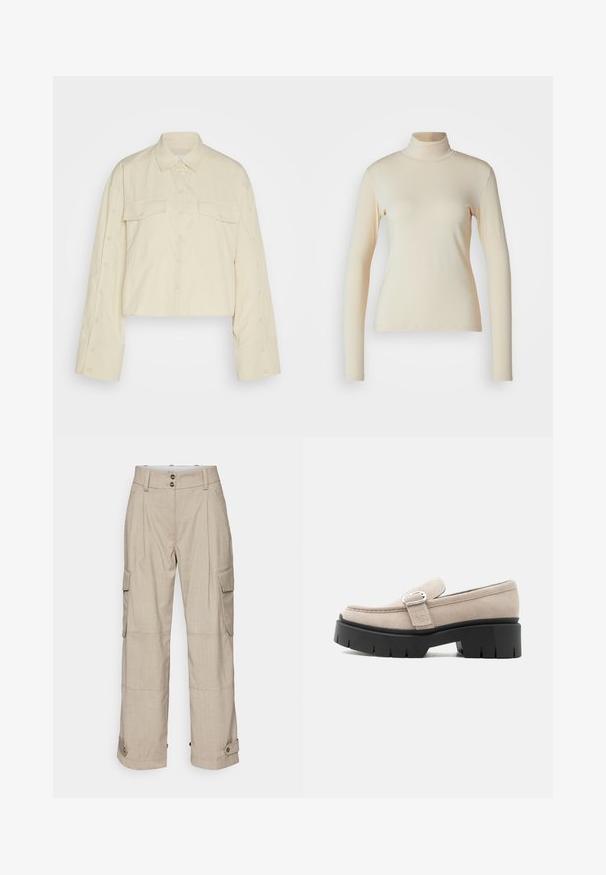 Chemise de couleur crème, en tissu léger, coupée. Elle présente un col pointu, deux poches poitrine et des détails de bouton le long des bords des manches.; Haut à col roulé à manches longues de couleur crème, fabriqué en tissu lisse et extensible ; design ajusté avec un col haut et sans motifs ni accents visibles.; DAY Birger et Mikkelsen LANCE CLASSIC BLEND - Pantalon cargo - stone grey; Mocassin en daim beige avec boucle argentée et semelle épaisse noire, vue de côté sur fond blanc.