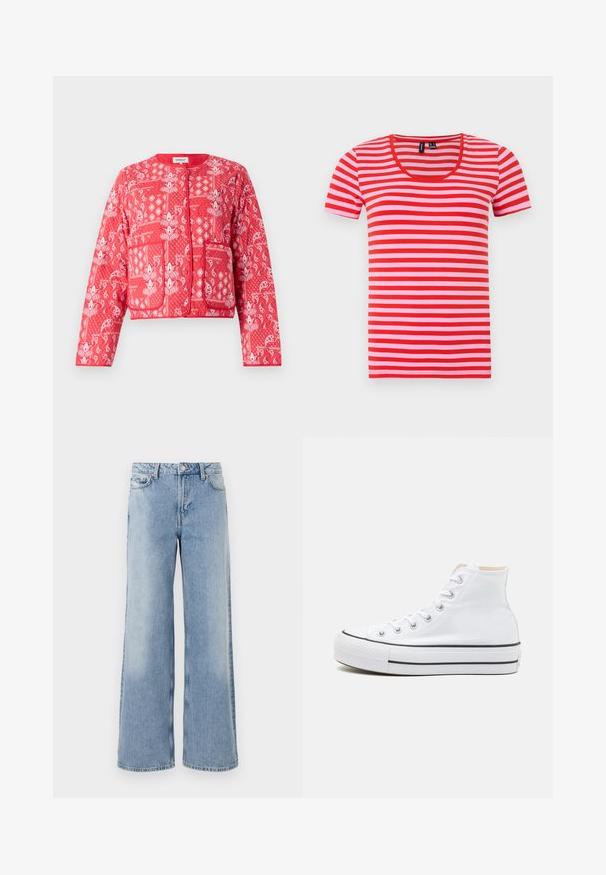 Veste matelassée rouge avec des motifs paisley et floraux blancs. Elle a un col rond, deux poches avant et une fermeture éclair.; T-shirt rayé rouge et rose, à manches courtes, avec un col en forme de scoop, fabriqué en tissu doux, présentant des rayures horizontales uniformément espacées.; Jeans bleu clair à jambe large avec un délavage, cinq poches, fermeture à bouton et ourlets droits. Fabriqués en denim avec une texture lisse.; Baskets montantes blanches en toile, semelle en caoutchouc noir et bande noire contrastante sur la semelle intermédiaire. Bout rond et design à lacets.