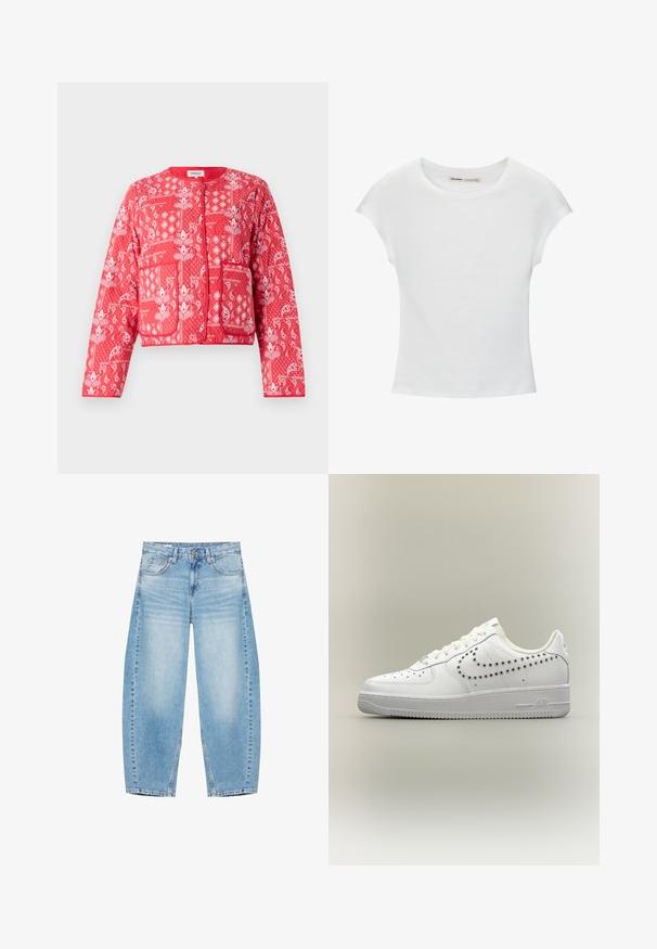 Veste matelassée rouge avec des motifs paisley et floraux blancs. Elle a un col rond, deux poches avant et une fermeture éclair.; T-shirt en coton blanc avec manches courtes retroussées, encolure ronde et ourlet droit. Texture lisse sans motifs ni accents visibles.; Jean en denim bleu clair avec une taille haute, des jambes droites larges, des poches avant, et une fermeture par bouton et zip.; Baskets basses blanches avec motif Nike swoosh perforé sur le côté, lacets blancs et semelle texturée sur fond neutre.