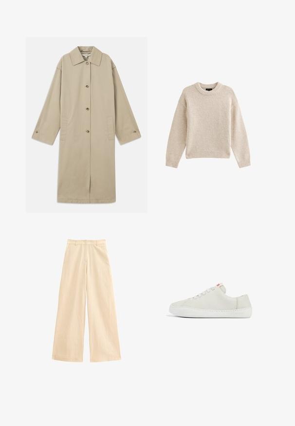 Beige knelange frakke lavet af bomuldsblanding med spids krave, knaplukning foran, lange ærmer og sidelommer.; Beige strikket sweater med rund hals, lange ærmer og ribbet kant. Tekstureret stof med en blød udseende. Enkel og alsidig design.; Beige bredde benbukser lavet af letvægtsstof. Har en høj talje, lynlås lukning og forlommer. Glat tekstur med en subtil glans.; Hvide lædersneakers med lav profil, rund tå, flad snørebåndslukning og hvid gummisål. Udstyret med diskret syning og et lille logo.