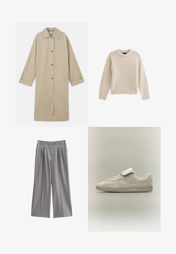Beige knelange frakke lavet af bomuldsblanding med spids krave, knaplukning foran, lange ærmer og sidelommer.; Beige strikket sweater med rund hals, lange ærmer og ribbet kant. Tekstureret stof med en blød udseende. Enkel og alsidig design.; Grå vidde bukser med plisseret front, lavet af et glat stof. Har en flad talje med bæltestropper og sidelommer.; Hvid lavtop sneaker med tekstureret sål, snørebånd foran, polstret tunge og subtilt gyldent mærke på siden, vist på neutral baggrund.