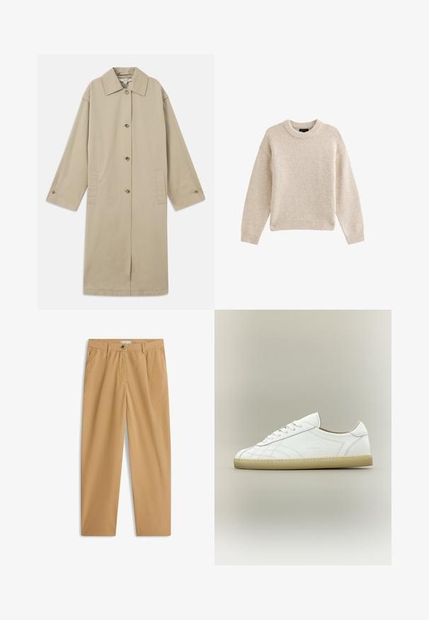 Beige knie-langer Mantel aus Baumwollmischung mit spitzem Kragen, Knopfverschluss, langen Ärmeln und seitlichen aufgesetzten Taschen.; Beige gestrickter Pullover mit Rundhalsausschnitt, langen Ärmeln und geripptem Saum. Texturierter Stoff mit weicher Optik. Einfaches und vielseitiges Design.; Beige legere Hose mit geradem Bein, Seitentaschen, Gürtelschlaufen, Knopfverschluss und Reißverschluss.; Weißer Leder-Sneaker mit niedrigem Schnitt, beiger Sohle, Schnürdesign und dezenten gesteppten Mustern auf neutralem Hintergrund.
