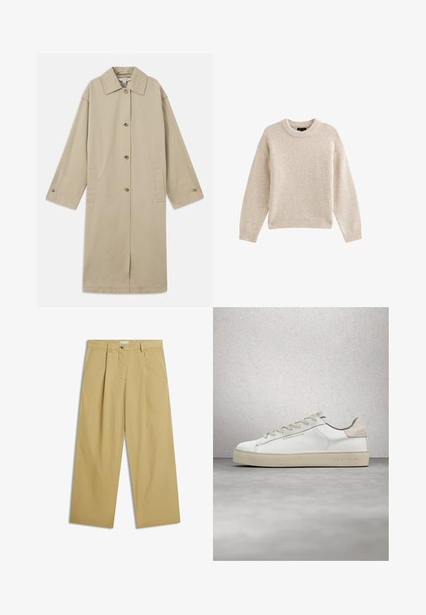 Beige knelange frakke lavet af bomuldsblanding med spids krave, knaplukning foran, lange ærmer og sidelommer.; Beige strikket sweater med rund hals, lange ærmer og ribbet kant. Tekstureret stof med en blød udseende. Enkel og alsidig design.; Beige bukser med vide ben, forplisseringer foran, sidelommer, bæltestropper og knaplukning ved taljen.; Hvide lædersneakers med en glat overflade, beige ruskindsdetaljer, rund tå, flad snørebåndsdesign og en struktureret gummisål.