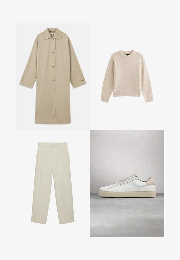 Beige knie-lange jas van katoenmix, met een puntige kraag, knoopsluiting aan de voorkant, lange mouwen en zijzakken.; Beige gebreide trui met een ronde halslijn, lange mouwen en geribbelde zoom. Gelaagd stof met een zachte uitstraling. Eenvoudig en veelzijdig ontwerp.; Beige hoog getailleerde, op maat gemaakte broek met zijzakken, riemlussen en een voorritssluiting, met rechte pijpen.; Witte leren sneaker met een glanzende afwerking, beige suède accenten, ronde neus, platte vetersluiting en een getextureerde rubberen zool.