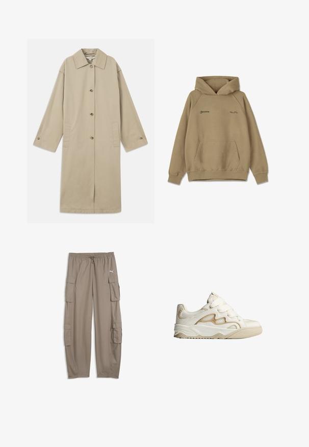 Beige knie-langer Mantel aus Baumwollmischung mit spitzem Kragen, Knopfverschluss, langen Ärmeln und seitlichen aufgesetzten Taschen.; Beige Kapuzenpullover aus Fleece-Material, mit einer frontalen Tasche, gerippten Bündchen und gestickten Logos auf der Brust.; Hellbraune, locker sitzende Cargohosen mit Kordelzugbund und Klappentaschen an jedem Bein, mit einem kleinen weißen Puma-Logo auf der rechten Seite.; Sneaker in Cremefarbe mit einer strukturierten Oberseite, Mesh-Einsätzen und dekorativen Nähten. Verstellbare Riemen und Gummiaußensohle für besseren Halt.