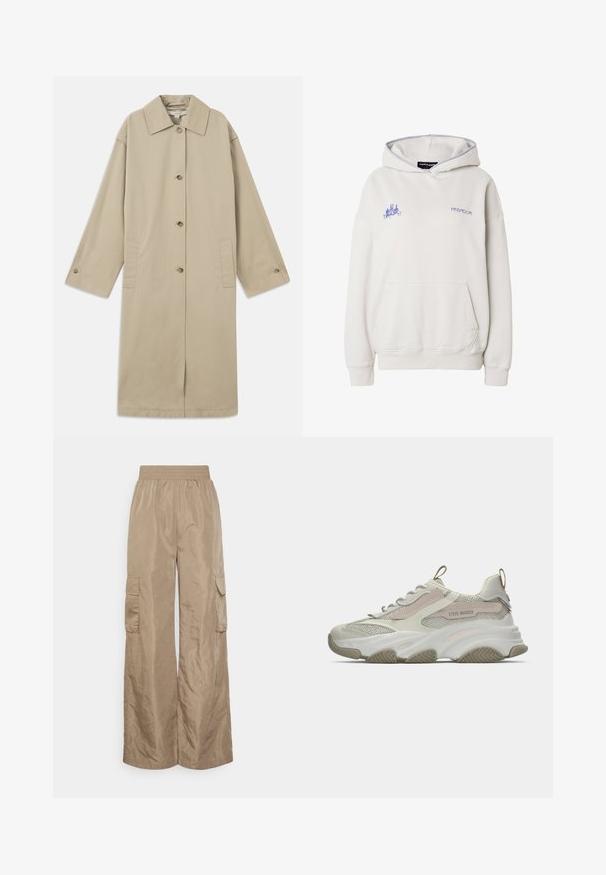 Beige knie-lange jas van katoenmix, met een puntige kraag, knoopsluiting aan de voorkant, lange mouwen en zijzakken.; Lichtbeige hooded sweatshirt met voorzak, kleine paarse afbeelding op de linkerborst en tekst "PEGADOR" op de rechterborst.; Even&Odd Tall Cargobroek - beige; Chunky sneaker met een bovenwerk van mesh in lichtgrijs en beige accenten. Dikke witte midzool met textuurdetails, met een trekband aan de hiel.