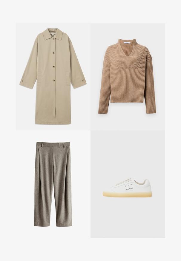 Beige knie-langer Mantel aus Baumwollmischung mit spitzem Kragen, Knopfverschluss, langen Ärmeln und seitlichen aufgesetzten Taschen.; Beige gerippter Strickpullover mit tiefem V-Ausschnitt, langen Ärmeln und einem strukturierten Paneel auf der Brust. Kürze mit lockerer Passform.; Graue gerade geschnittene Anzughose mit Gürtelschlaufen, flacher Vorderseite und subtiler Textur auf weißem Hintergrund.; Weiße Sneakers aus Leder mit runder Spitze, beigen Schnürsenkeln und transparenter Gummisohle; mit dem Logo "CPH STUDIOS" an der Seite.