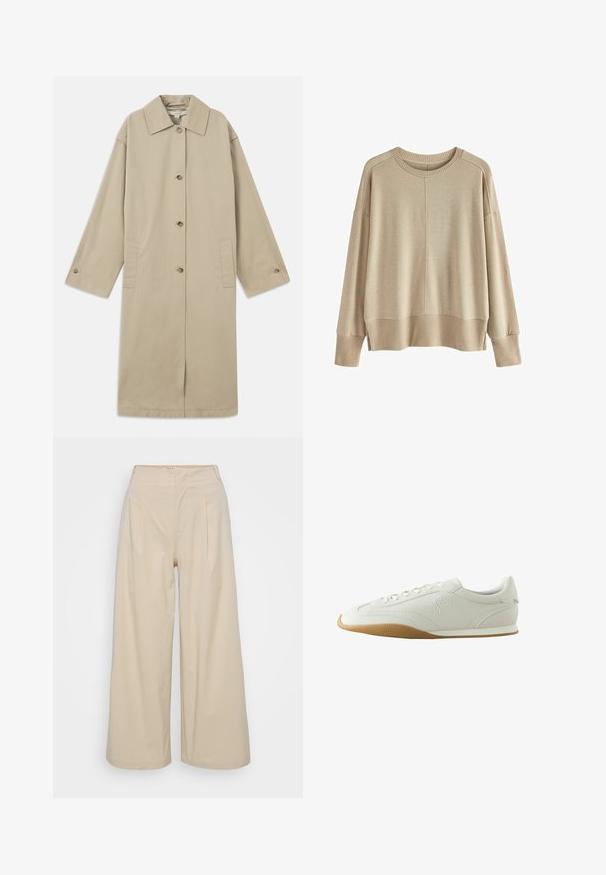 Beige knie-langer Mantel aus Baumwollmischung mit spitzem Kragen, Knopfverschluss, langen Ärmeln und seitlichen aufgesetzten Taschen.; Beige gestrickter Pullover mit lockerer Passform, gerippten Bündchen und Saum, Rundhalsausschnitt und überschnittenen Schultern. Weicher Stoff mit minimalen Nähten.; Beige weite Hose aus glattem Stoff, mit hohen Taillenbund, Vorderfalten und einem knöchellangen Saum. Einfaches und ungeschmücktes Design.; Weißer Sneaker mit brauner Gummisohle, Nahtdetails, Schnürung vorne und gesticktem Logo an der Seite.