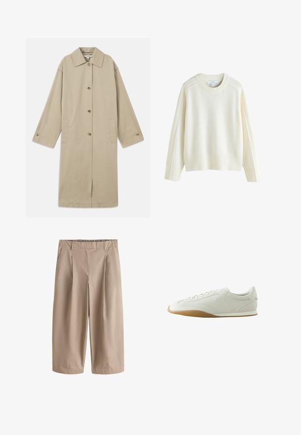 Beige knie-lange jas van katoenmix, met een puntige kraag, knoopsluiting aan de voorkant, lange mouwen en zijzakken.; Next CREW NECK - Trui - ecru; Beige broek met wijde pijpen, cropped lengte, voorplooien, zijzakken, ceintuurlussen en een aangesloten tailleband.; Witte lage sneaker met bruine rubberen zool, stikseldetails, veterluiting aan de voorkant en geborduurd logo aan de zijkant.