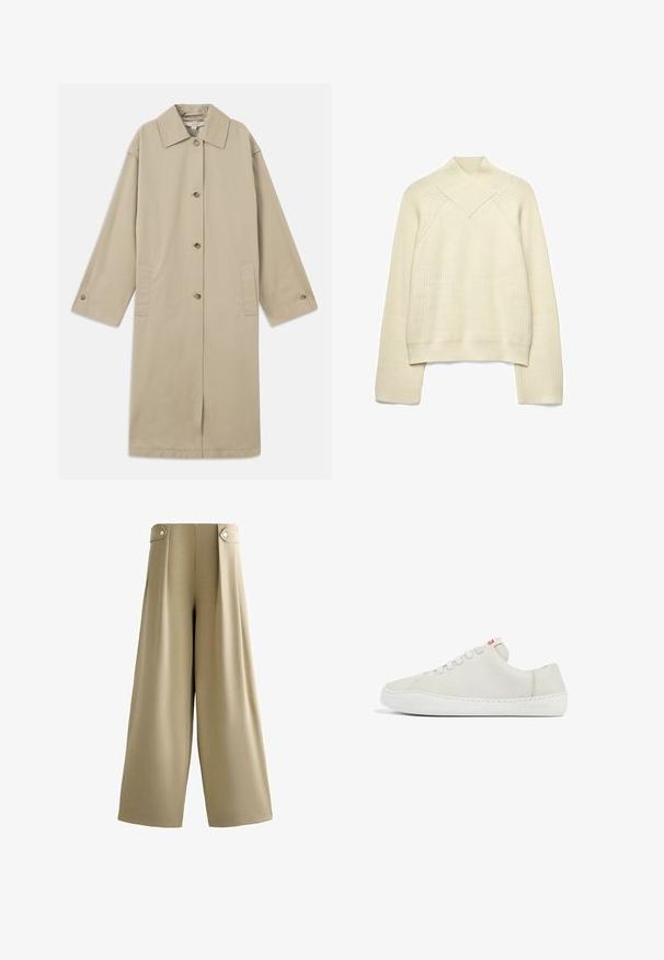 Beige knie-lange jas van katoenmix, met een puntige kraag, knoopsluiting aan de voorkant, lange mouwen en zijzakken.; Roomkleurige gebreide trui met lange mouwen en een brede geribde overslag sjaalkraag op een witte achtergrond.; Beige wijde broek met hoge taille en knoopsluitingen aan beide zijden van de tailleband, glad voorpand en volledig lange zoom.; Witte leren sneaker met een lage profiel, ronde neus, platte vetersluiting en witte rubberen zool. Bevat subtiele stiksels en een klein logo.