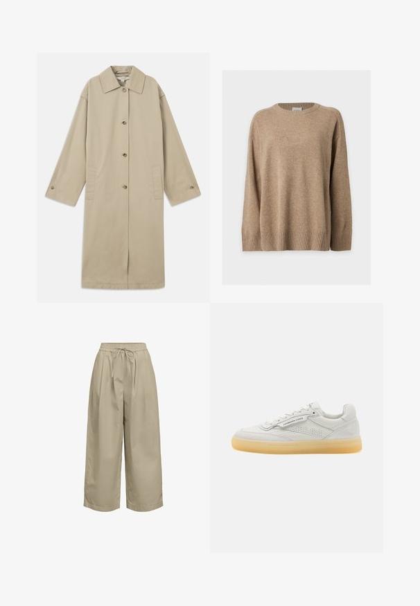 Manteau beige mi-long en mélange de coton, avec un col pointu, une fermeture à boutons, des manches longues et des poches plaquées sur les côtés.; Pull en maille beige à manches longues avec poignets, bas et col rond côtelés, présenté à plat sur fond blanc.; Pantalon beige court, coupe ample, avec taille élastique et cordelette, en tissu léger.; Basket blanche en cuir avec des accents perforés, bout rond et semelle en caoutchouc crème. Présente des coutures ton sur ton et un design minimaliste.