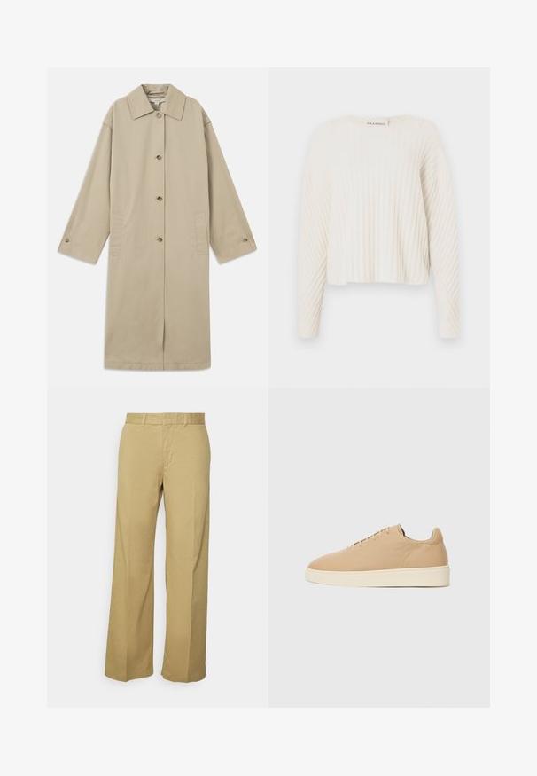 Beige kabát po kolená vyrobený z bavlnenej zmesi, s špicatým golierom, predným zapínaním na gombíky, dlhými rukávmi a bočnými náprsníkovými vreckami.; CLOSED CREW NECK - Svetrík - ecru; Khaki široké nohavice vyrobené z ľahkej zmesi bavlny, s krytým zipsom a pútkami na opasok. Hladká textúra s čistým zakončením.; Beige tenisky s hladkým povrchom, guľatou špičkou a minimalistickým dizajnom. Majú krémovú podrážku a šesť dierok na šnúrky.