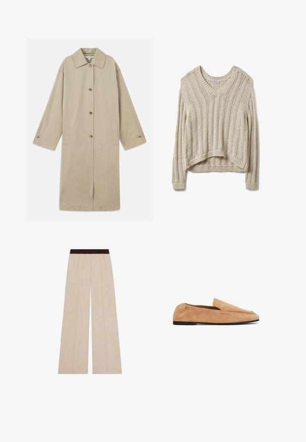 Beige knie-lange jas van katoenmix, met een puntige kraag, knoopsluiting aan de voorkant, lange mouwen en zijzakken.; Beige, gebreide trui met een V-hals, voorzien van een verticale geribbelde textuur en een korte, losse pasvorm. Lange mouwen met geribbelde boorden.; Beige broek met wijde pijpen en een donkerbruine elastische tailleband, met subtiele verticale naaddetails.; Lichtbruine suède loafer met lage zwarte zool, elastische achterkant en klein gouden merklogo nabij de bovenrand, zijaanzicht.